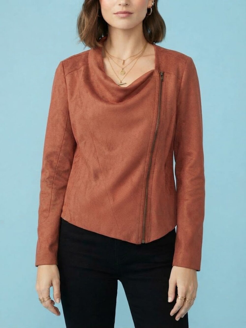 Rust Brown Draped Suede-Look Asymmetrical Full Zipper Top